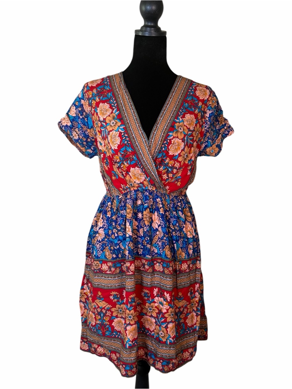 SHEIN Red & Blue Floral Wrap Mini Dress